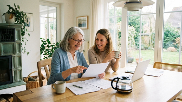 Eine ältere Frau und ihre erwachsene Tochter sitzen gemeinsam am Esstisch und besprechen entspannt einige Dokumente bei einer Tasse Kaffee. Ruhige, harmonische Stimmung in einem hellen Esszimmer.