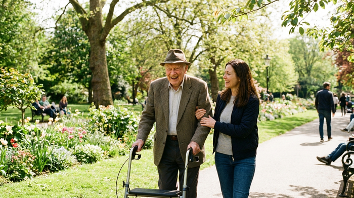 Ein lächelnder Senior spaziert mit seinem Rollator sicher durch einen gepflegten grünen Park, begleitet von seiner aufmerksamen Tochter. Sonniges Wetter, entspannte und fröhliche Stimmung im Freien.