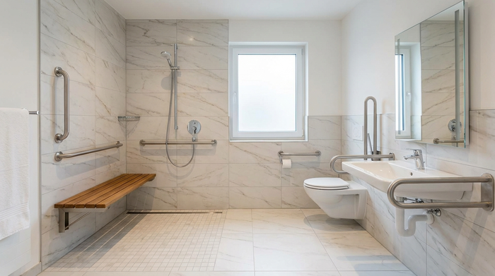 Ein modernes, barrierefreies Badezimmer mit einer ebenerdigen, geräumigen Dusche und eleganten Haltegriffen. Helle Fliesen, aufgeräumt und sicher gestaltet, ohne Personen im Bild.