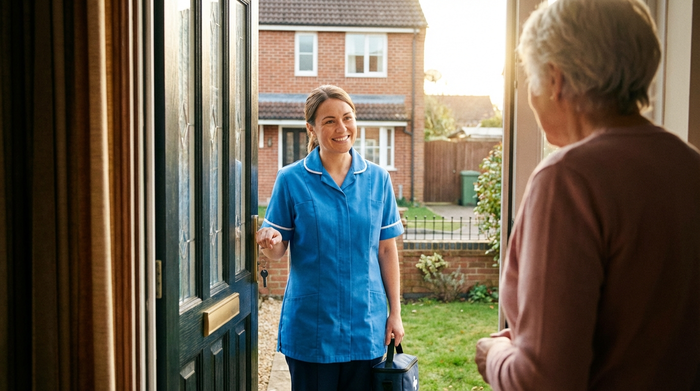 Eine sympathische Pflegekraft steht lächelnd mit einer kleinen Pflegetasche vor der geöffneten Haustür eines Einfamilienhauses und begrüßt die Bewohnerin. Freundlicher erster Eindruck, strahlendes Tageslicht.