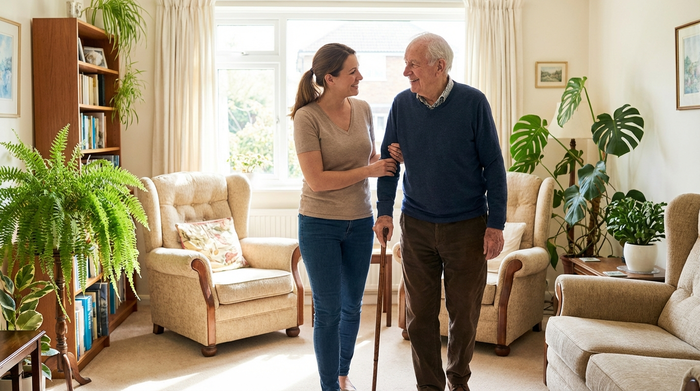 Eine fürsorgliche Pflegekraft stützt einen älteren Herrn behutsam beim Gehen im hellen Wohnzimmer. Beide lächeln entspannt. Im Hintergrund stehen gemütliche Möbel und üppige Zimmerpflanzen.
