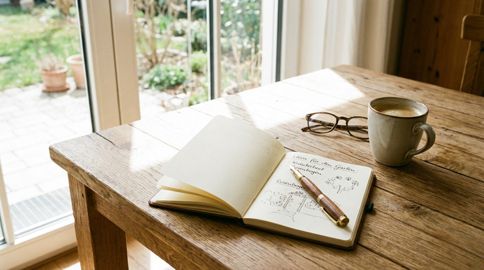 Ein aufgeschlagenes Notizbuch mit einem eleganten Stift liegt auf einem rustikalen Holztisch neben einer Tasse Kaffee und einer Lesebrille. Helles Tageslicht fällt durch ein Fenster auf den Tisch. Ruhige, aufgeräumte Szene.