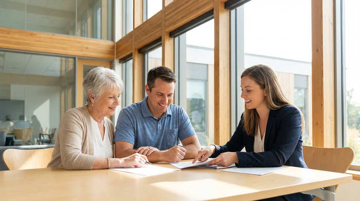 Eine ältere Frau und ihr erwachsener Sohn sitzen in einem modernen, hellen Büro und sprechen mit einer freundlichen Beraterin über Dokumente. Fokussierte, professionelle und positive Stimmung.
