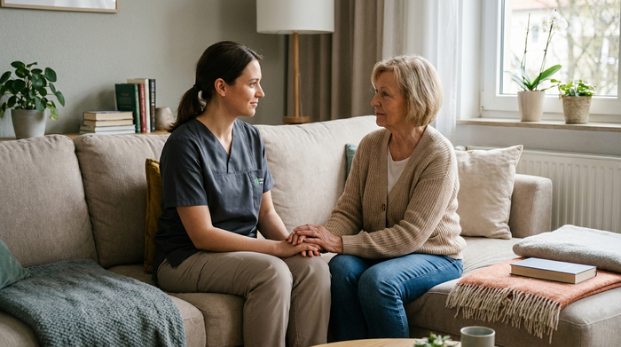 Zwei Frauen sitzen auf einem gemütlichen Sofa und unterhalten sich zugewandt. Eine trägt dezente, moderne Pflegekleidung, die andere ist eine Angehörige in Alltagskleidung. Vertrauensvoller, direkter Blickkontakt.