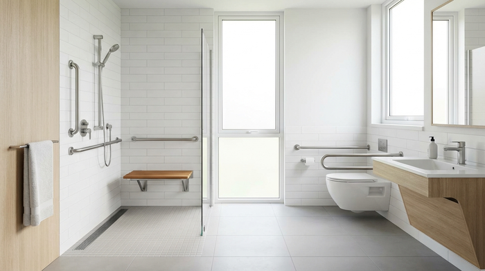 Ein modernes, helles und komplett barrierefreies Badezimmer mit einer großzügigen, bodengleichen Dusche, stabilen Haltegriffen an den Wänden und einem klappbaren Duschsitz. Sauber, rutschfest und sicher gestaltet.