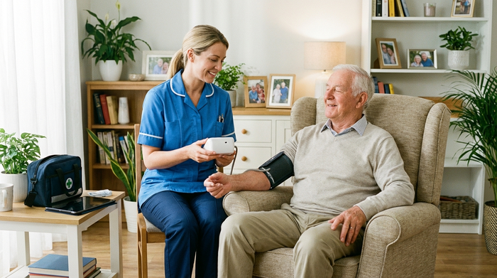 Eine examinierte Pflegekraft misst fürsorglich den Blutdruck eines älteren Herrn, der entspannt in seinem Sessel sitzt. Helles, aufgeräumtes Wohnzimmer, medizinische Versorgung im häuslichen Umfeld, konzentrierte und vertrauensvolle Stimmung.