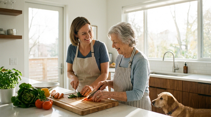 Eine sympathische Betreuungskraft und eine Seniorin stehen nebeneinander in einer modernen, hellen Küche und schneiden frisches Gemüse. Entspannte, familiäre Atmosphäre mit sonnigem Tageslicht, das durch das Fenster fällt.