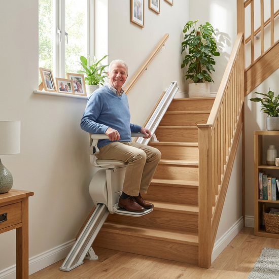 Ein moderner, unauffälliger Treppenlift ist an einer hellen Holztreppe in einem gepflegten Einfamilienhaus montiert. Ein zufriedener Senior fährt sicher und bequem hinauf. Helle Beleuchtung, sicheres Wohnumfeld.