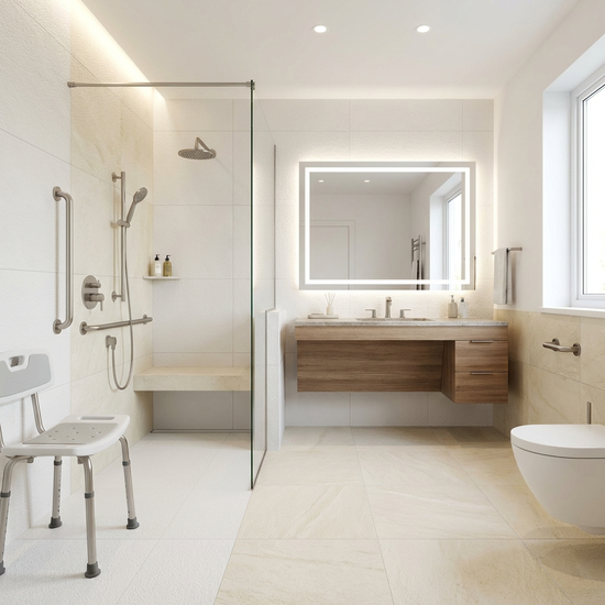 Ein elegantes, barrierefreies Badezimmer mit einer bodengleichen, begehbaren Dusche und dezenten Haltegriffen an der Wand. Modernes Design, rutschfeste Fliesen, sehr helle und saubere Umgebung.