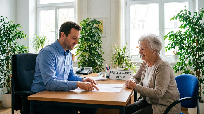 Ein freundlicher Pflegeberater in einem blauen Hemd sitzt einer älteren Dame gegenüber und erklärt ihr ruhig und verständlich die Details in einer hellen, professionellen Büroumgebung mit grünen Zimmerpflanzen.