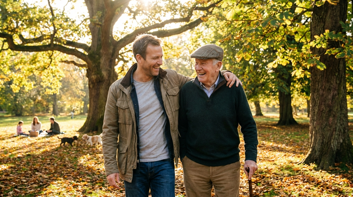Eine glückliche Familie, bestehend aus einem erwachsenen Sohn und seinem älteren Vater, spaziert entspannt und lachend durch einen sonnigen Park mit alten Bäumen. Friedliche und unbeschwerte Stimmung.