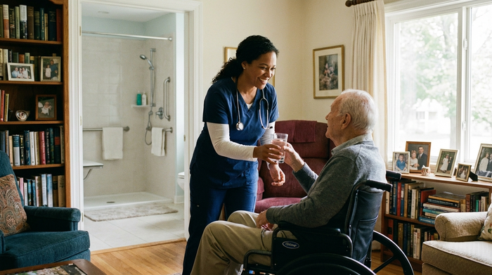 Eine herzliche, professionelle Betreuungskraft reicht einem älteren Herrn im Rollstuhl ein Glas Wasser in seinem eigenen, gemütlichen Wohnzimmer. Beide lächeln sich vertrauensvoll an, im Hintergrund ein modernes, barrierefreies Umfeld.