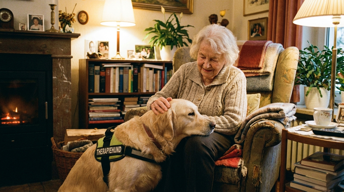 Eine ältere Dame mit weißen Haaren streichelt liebevoll einen ruhigen Therapiehund, einen Golden Retriever, der seinen Kopf auf ihren Schoß gelegt hat. Beide befinden sich in einem gemütlichen Sessel in einem warm beleuchteten Raum.