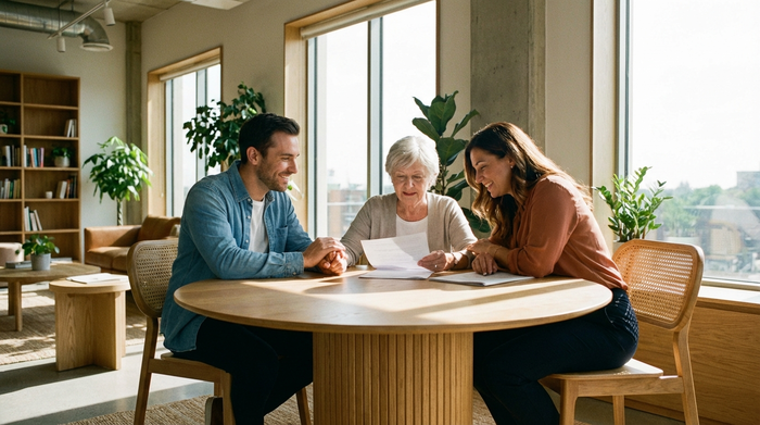 Ein erwachsener Sohn und seine ältere Mutter sitzen gemeinsam mit einer freundlichen Beraterin an einem runden Holztisch. Sie besprechen entspannt Unterlagen in einem modernen, hellen Büro. Vertrauensvolle, positive Atmosphäre.