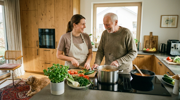 Eine freundliche Betreuungskraft und ein älterer Herr kochen gemeinsam in einer sauberen, modernen häuslichen Küche. Sie lachen und schneiden frisches Gemüse. Warme, häusliche und positive Stimmung, realistisches Setting.