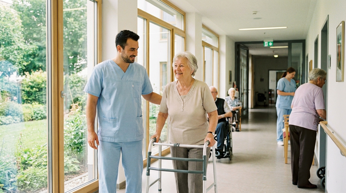 Ein freundlicher männlicher Pfleger in hellblauer Berufskleidung stützt eine lächelnde Seniorin sanft beim Gehen im hellen Flur einer modernen Pflegeeinrichtung. Große Fenster im Hintergrund lassen viel Tageslicht herein.