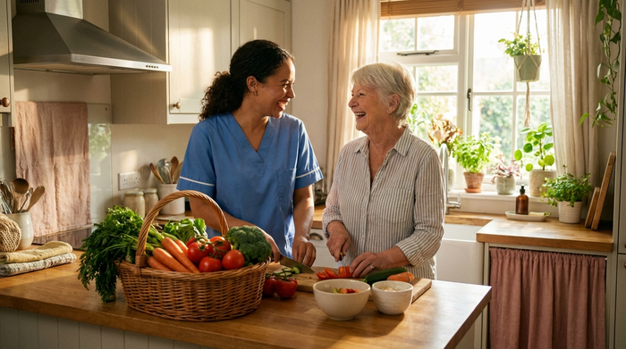 Eine liebevolle Betreuungskraft kocht gemeinsam mit einer fröhlichen Seniorin in einer sauberen, gut beleuchteten privaten Küche. Frisches Gemüse liegt auf der Arbeitsplatte. Die Szene strahlt Geborgenheit aus.