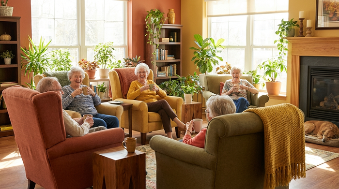 Ein sonnendurchfluteter Gemeinschaftsraum in einem Seniorenheim. Mehrere Senioren sitzen gemütlich in bequemen Sesseln zusammen und trinken Kaffee. Zimmerpflanzen und warme Farben sorgen für ein wohnliches Ambiente.