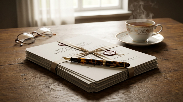 Ein eleganter Füllfederhalter liegt auf einem ordentlichen Stapel wichtiger Dokumente auf einem massiven Holztisch. Eine Brille und eine Tasse Tee stehen daneben im weichen Gegenlicht.