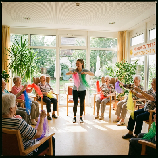 Eine Gruppe fröhlicher Senioren sitzt in einem hellen, freundlichen Raum im Kreis und macht leichte Gymnastikübungen mit bunten Tüchern. Eine junge, engagierte Betreuerin macht die Bewegungen vor. Sonniges Tageslicht fällt durch große Fenster.