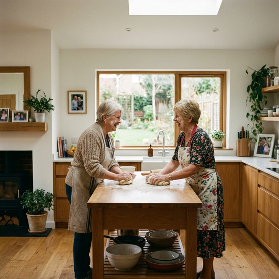 Zwei ältere Damen backen gemeinsam in einer modernen, sauberen Küche. Sie kneten Teig auf einer bemehlten Arbeitsfläche und lächeln sich liebevoll an. Gemütliche, häusliche Umgebung ohne störende Elemente im Hintergrund.