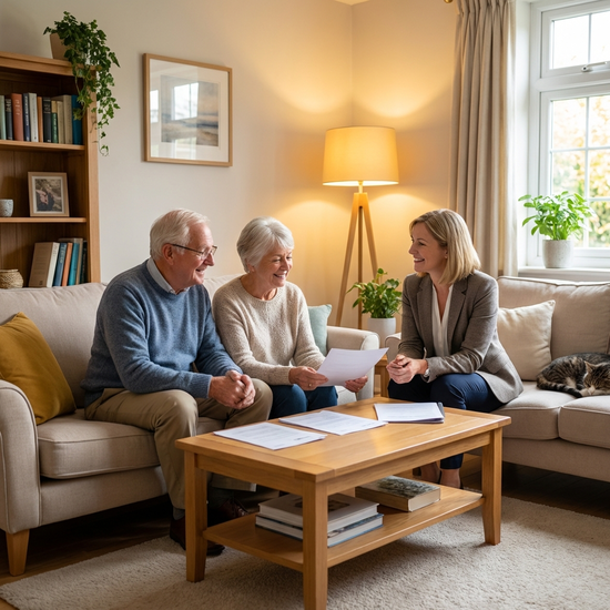 Ein älteres Ehepaar sitzt entspannt auf einem bequemen Sofa im heimischen Wohnzimmer und bespricht mit einer freundlichen Beraterin Unterlagen auf einem Couchtisch. Friedliche, aufgeräumte Szene, warmes Licht.