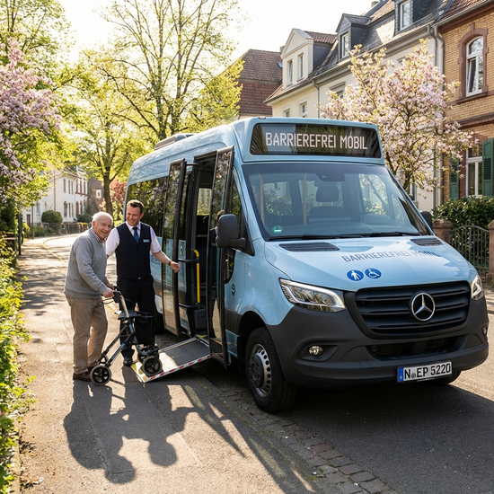 Ein moderner, barrierefreier Kleinbus parkt in einer sonnigen, ruhigen Wohnstraße. Ein freundlicher Fahrer hilft einem älteren Herrn mit Rollator behutsam und sicher über eine Rampe in das Fahrzeug.