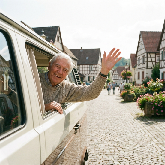 Ein lächelnder Senior winkt fröhlich aus dem Fenster eines komfortablen Kleinbusses. Die Sonne scheint, und die Umgebung wirkt friedlich, sicher und einladend.