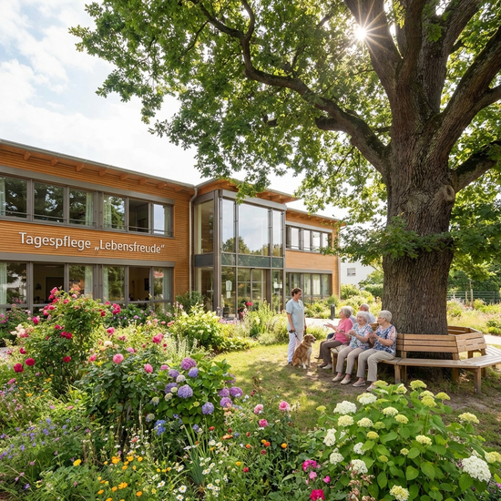 Eine einladende Außenansicht einer modernen Tagespflegeeinrichtung mit einem gepflegten, blühenden Garten. Senioren sitzen auf Holzbänken unter einem großen, schattenspendenden Baum und unterhalten sich angeregt.