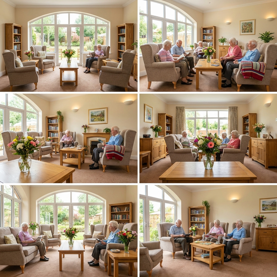 Ein heller, liebevoll eingerichteter Aufenthaltsraum für Senioren mit bequemen Sesseln, großen Fenstern und warmen Holzmöbeln. Auf den Tischen stehen frische Blumen in Glasvasen.