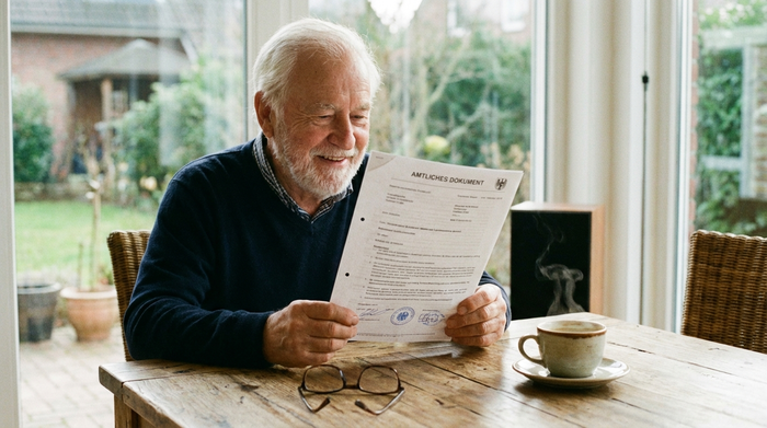 Ein älterer Herr sitzt entspannt an einem Tisch und liest ein offizielles Dokument, neben ihm liegt eine Brille und eine Tasse Kaffee auf dem Holztisch. Natürliches, helles Licht.