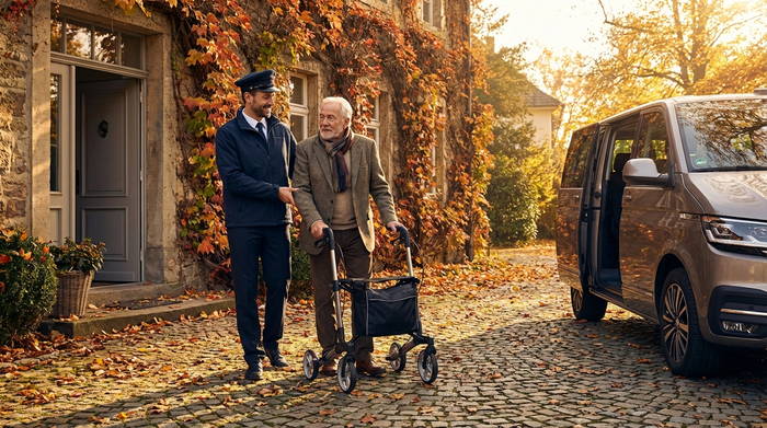 Ein fürsorglicher Fahrer in Dienstkleidung begleitet einen Senior mit Rollator sicher von der Haustür über einen gepflasterten Weg zum wartenden Fahrzeug. Herbstliches, warmes Licht.