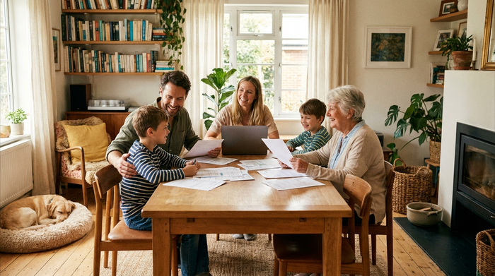 Eine Familie sitzt gemeinsam mit einer älteren Dame am Esstisch, sie betrachten zusammen Unterlagen und lächeln erleichtert. Gemütliche, harmonische Wohnraumatmosphäre.