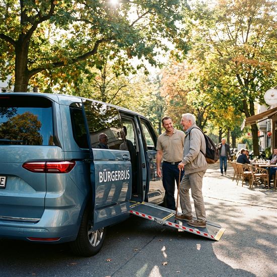Ein komfortabler, moderner Kleinbus mit offener Rampe steht in einer sonnigen, von Bäumen gesäumten Straße. Ein freundlicher Fahrer hilft einem lächelnden Senior mit Gehstock beim Einsteigen.