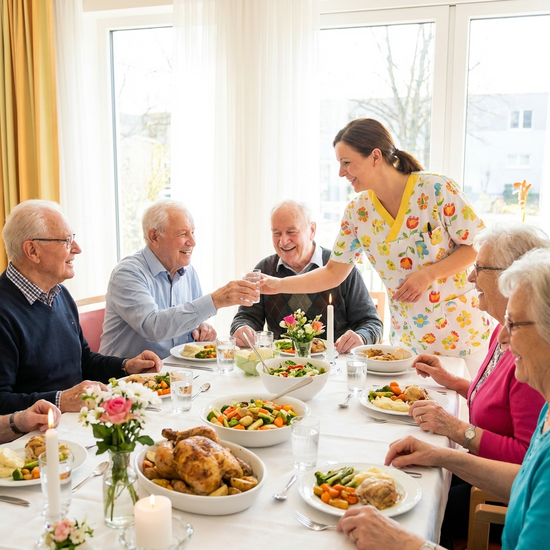 Senioren sitzen in einer hellen Tagespflege an einem festlich gedeckten Tisch und essen gemeinsam zu Mittag. Frisches Essen, herzliche Atmosphäre, eine Pflegekraft reicht ein Glas Wasser.