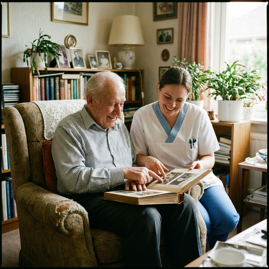 Ein älterer Herr und eine Pflegekraft betrachten gemeinsam ein altes Fotoalbum. Beide lächeln, die Atmosphäre ist vertraut, ruhig und entspannt.