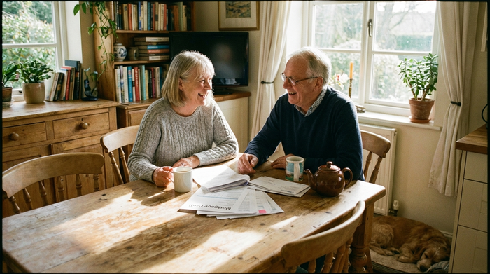 Ein älteres Ehepaar sitzt am heimischen Küchentisch und bespricht entspannt einige Dokumente. Eine Tasse Kaffee steht daneben, die Stimmung ist erleichtert und durchweg positiv.