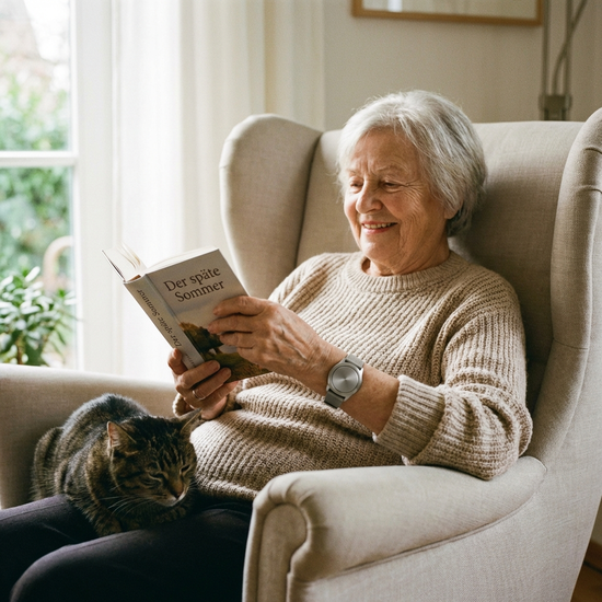 Ein moderner, unauffälliger Hausnotruf-Knopf am Handgelenk einer älteren Dame, die entspannt in einem weichen Sessel sitzt und ein Buch liest.