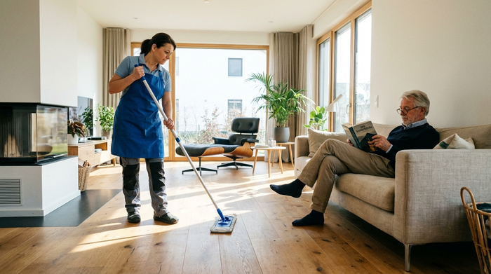 Eine professionelle Haushaltshilfe wischt den Holzboden in einem modernen, sonnigen Wohnzimmer, während ein älterer Herr entspannt auf dem Sofa ein Buch liest.