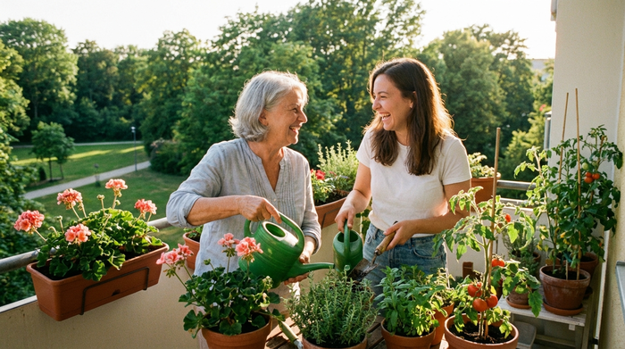 Zwei Frauen, eine ältere und eine jüngere Nachbarin, pflegen gemeinsam liebevoll die Pflanzen auf einem sonnigen Balkon mit Blick ins Grüne.