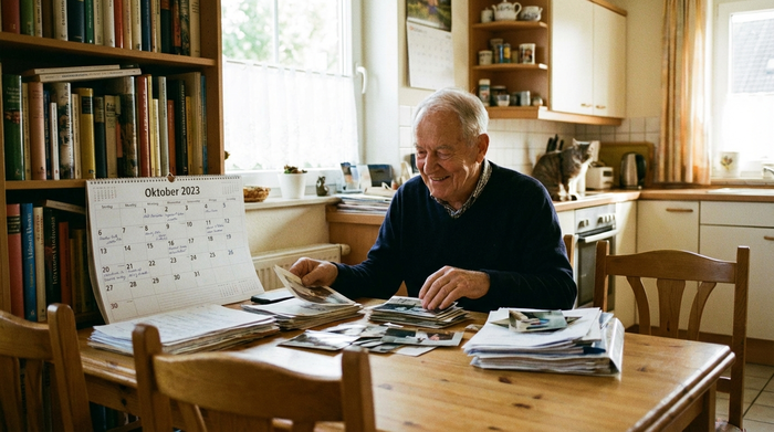 Ein älterer Mann sitzt am Esstisch und sortiert mit einem Lächeln seine Unterlagen, ein Kalender liegt aufgeschlagen neben ihm.