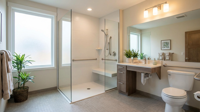 Ein barrierefreies, helles Badezimmer mit einer modernen, bodengleichen Dusche und eleganten Haltegriffen, sauber und einladend.