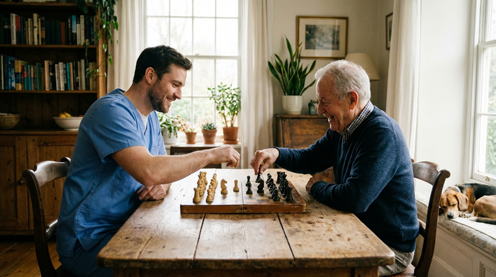 Ein freundlicher, professioneller Alltagsbegleiter spielt mit einem fröhlichen Senior an einem rustikalen Holztisch Schach, beleuchtet von weichem Tageslicht.
