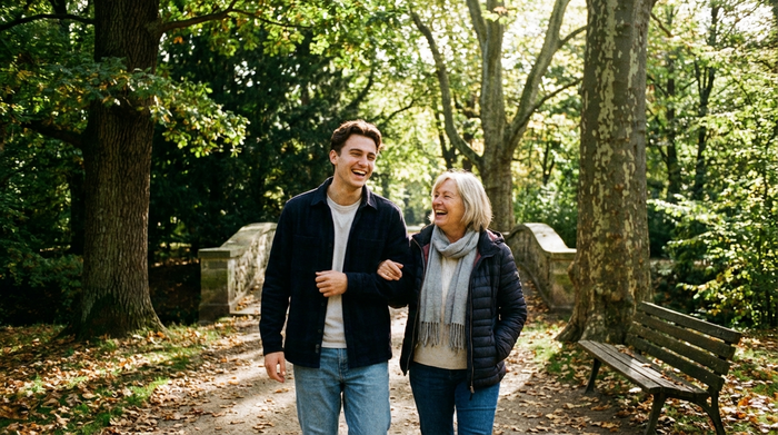 Ein junger Mann und eine ältere Frau spazieren gemeinsam lachend durch einen grünen Park mit alten, schattenspendenden Bäumen im Sonnenlicht.