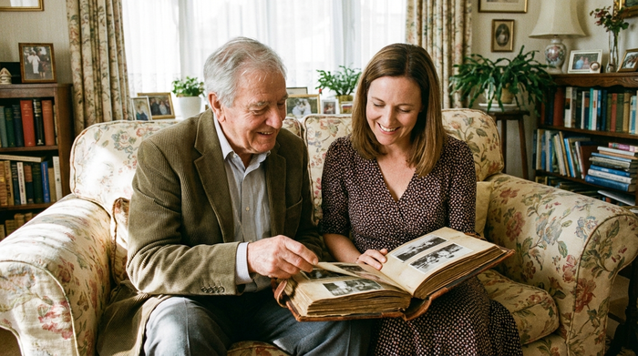 Ein älterer Herr sitzt gemeinsam mit seiner erwachsenen Tochter auf einem gemütlichen Stoffsofa und beide schauen sich lächelnd ein altes Fotoalbum an.