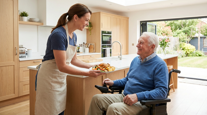 Eine fürsorgliche Betreuungskraft reicht einem älteren Herrn im Rollstuhl einen Teller mit frisch zubereitetem Essen in einer sauberen, modernen Küche. Beide lächeln sich freundlich an.