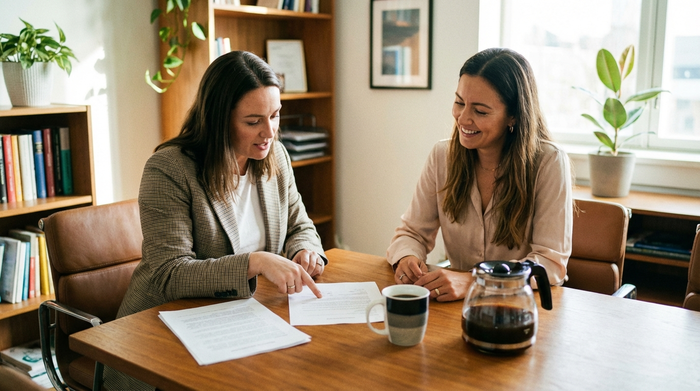 Zwei Frauen sitzen an einem Schreibtisch und besprechen Dokumente. Die Atmosphäre ist professionell und vertrauensvoll, mit einer Tasse Kaffee auf dem Tisch.