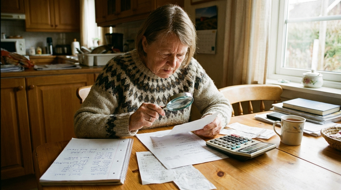 Eine ältere Frau studiert mit einer Lupe konzentriert Unterlagen am Küchentisch, neben ihr liegt ein Taschenrechner und ein Notizblock.