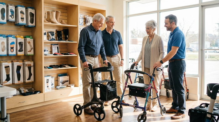 Ein helles, einladendes Sanitätshaus von innen. Ein freundlicher Berater zeigt einem älteren Ehepaar verschiedene moderne Rollatoren. Im Hintergrund ordentliche Regale mit medizinischen Hilfsmitteln. Warmes Licht, realistische und vertrauensvolle Atmosphäre.