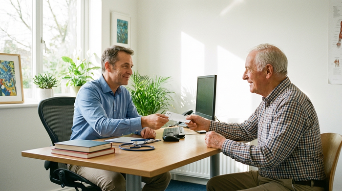 Ein Arzt in einer hellen Praxis überreicht einem lächelnden Senior ein Rezept. Beide sitzen an einem aufgeräumten Schreibtisch. Natürliches Licht fällt durch ein großes Fenster, die Stimmung ist positiv und unterstützend.
